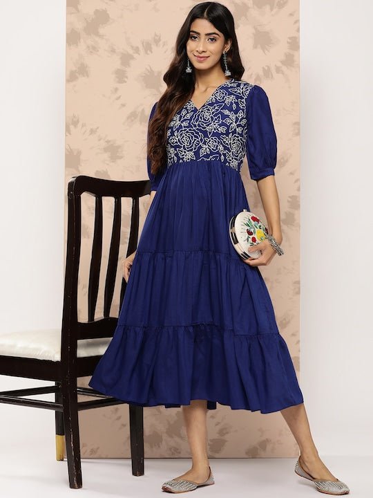 Floral Embroidered Puff Sleeves Midi Ethnic Dress - Inddus.com