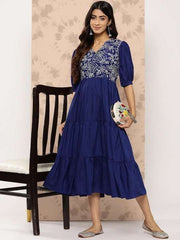 Floral Embroidered Puff Sleeves Midi Ethnic Dress - Inddus.com