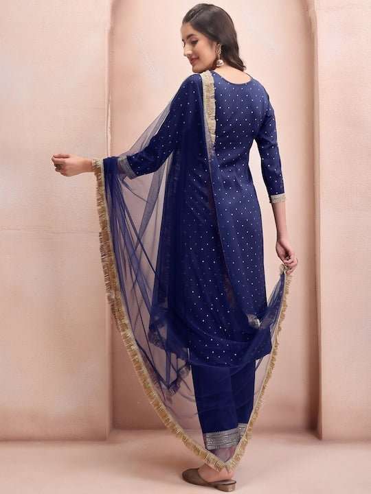 Floral Embroidered Regular Beads and Stones Kurta with Trousers & With Dupatta - Inddus.com