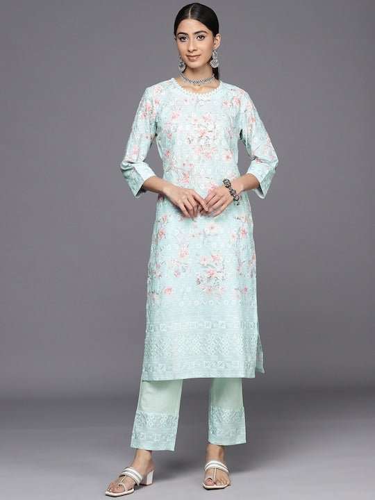 Floral Embroidered Regular Chikankari Kurta with Trousers - Inddus.com
