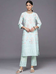 Floral Embroidered Regular Chikankari Kurta with Trousers - Inddus.com
