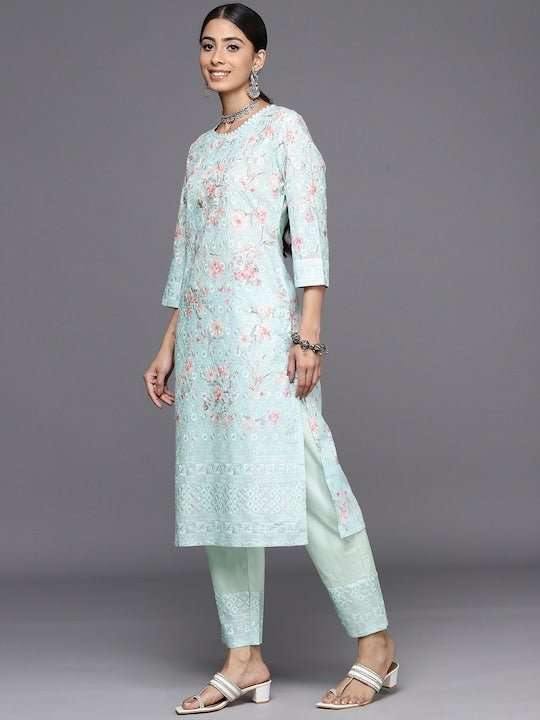 Floral Embroidered Regular Chikankari Kurta with Trousers - Inddus.com