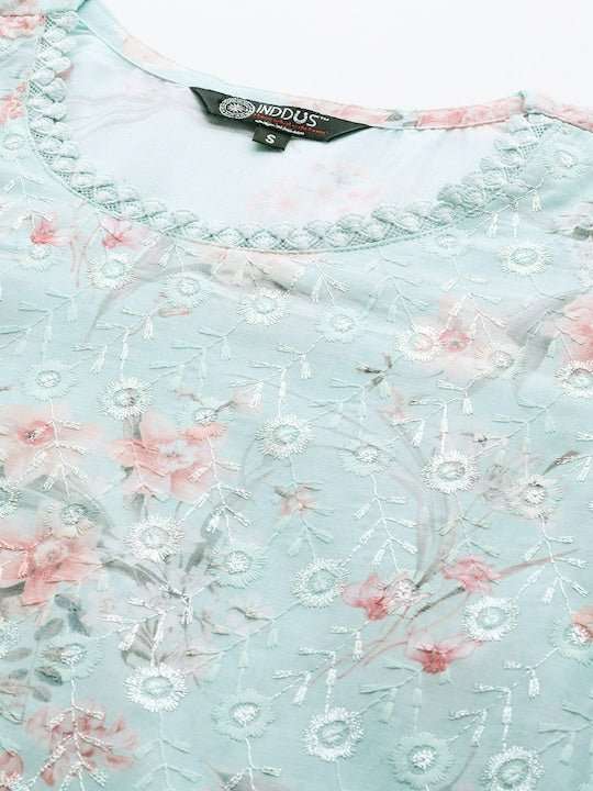 Floral Embroidered Regular Chikankari Kurta with Trousers - Inddus.com
