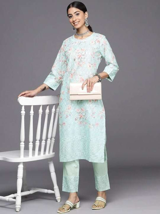 Floral Embroidered Regular Chikankari Kurta with Trousers - Inddus.com