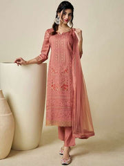 Floral Embroidered Regular Pure Cotton Kurta With Trousers & Dupatta - Inddus.com