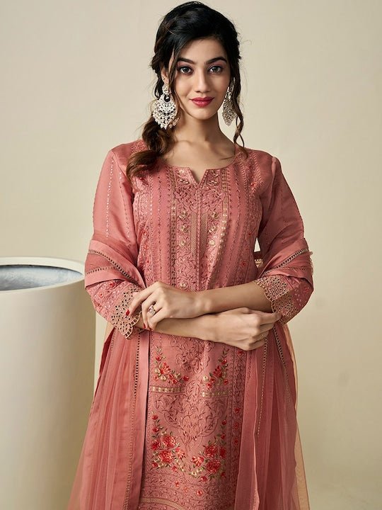 Floral Embroidered Regular Pure Cotton Kurta With Trousers & Dupatta - Inddus.com