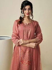 Floral Embroidered Regular Pure Cotton Kurta With Trousers & Dupatta - Inddus.com