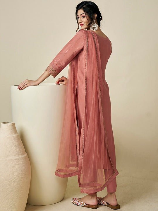 Floral Embroidered Regular Pure Cotton Kurta With Trousers & Dupatta - Inddus.com