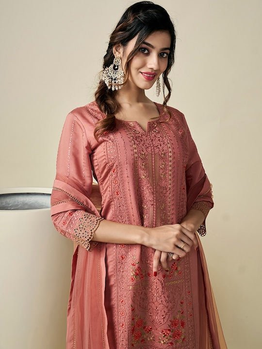 Floral Embroidered Regular Pure Cotton Kurta With Trousers & Dupatta - Inddus.com