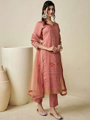 Floral Embroidered Regular Pure Cotton Kurta With Trousers & Dupatta - Inddus.com