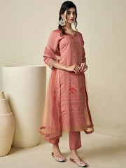 Floral Embroidered Regular Pure Cotton Kurta With Trousers & Dupatta - Inddus.com