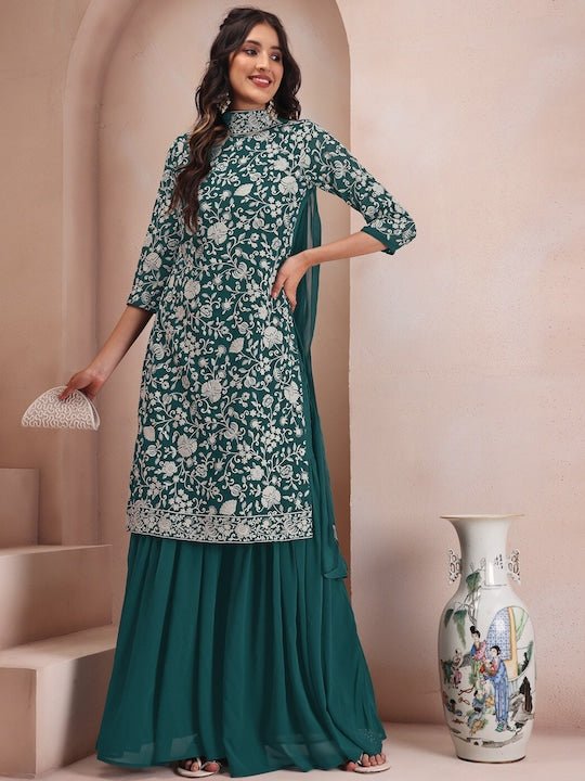Floral Embroidered Regular Thread Work Kurta with Sharara & Dupatta - Inddus.com