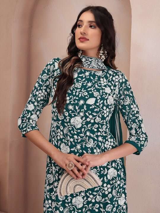 Floral Embroidered Regular Thread Work Kurta with Sharara & Dupatta - Inddus.com
