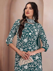 Floral Embroidered Regular Thread Work Kurta with Sharara & Dupatta - Inddus.com