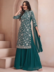 Floral Embroidered Regular Thread Work Kurta with Sharara & Dupatta - Inddus.com