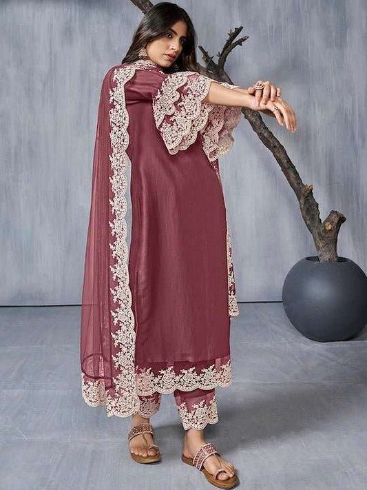 Floral Embroidered Regular Thread Work Kurta With Trousers & Dupatta - Inddus.com