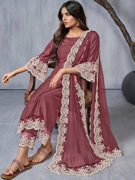 Floral Embroidered Regular Thread Work Kurta With Trousers & Dupatta - Inddus.com