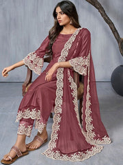 Floral Embroidered Regular Thread Work Kurta With Trousers & Dupatta - Inddus.com