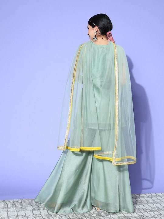 Floral Embroidered Regular Thread Work Kurti with Sharara & With Dupatta - Inddus.com