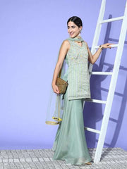 Floral Embroidered Regular Thread Work Kurti with Sharara & With Dupatta - Inddus.com