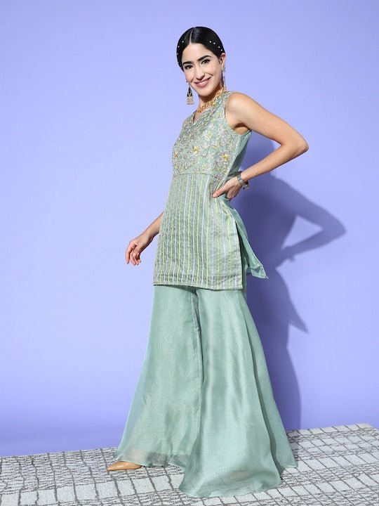 Floral Embroidered Regular Thread Work Kurti with Sharara & With Dupatta - Inddus.com