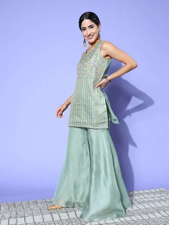 Floral Embroidered Regular Thread Work Kurti with Sharara & With Dupatta - Inddus.com