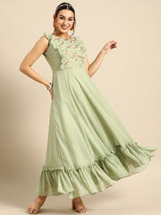 Floral Embroidered Ruffled Georgette Maxi Dress - Inddus.com