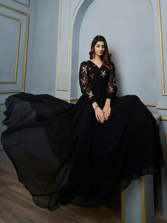 Floral Embroidered Sequinned Georgette Fit & Flare Maxi Ethnic Dress - Inddus.com