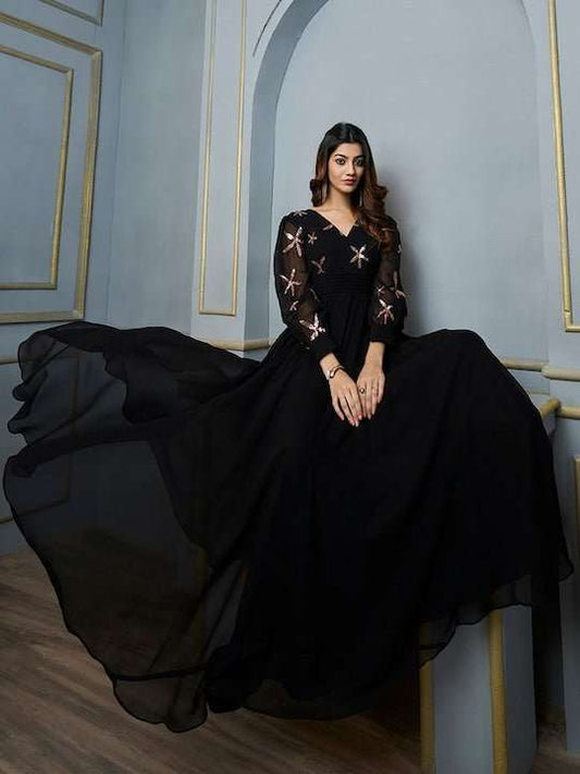 Floral Embroidered Sequinned Georgette Fit & Flare Maxi Ethnic Dress - Inddus.com