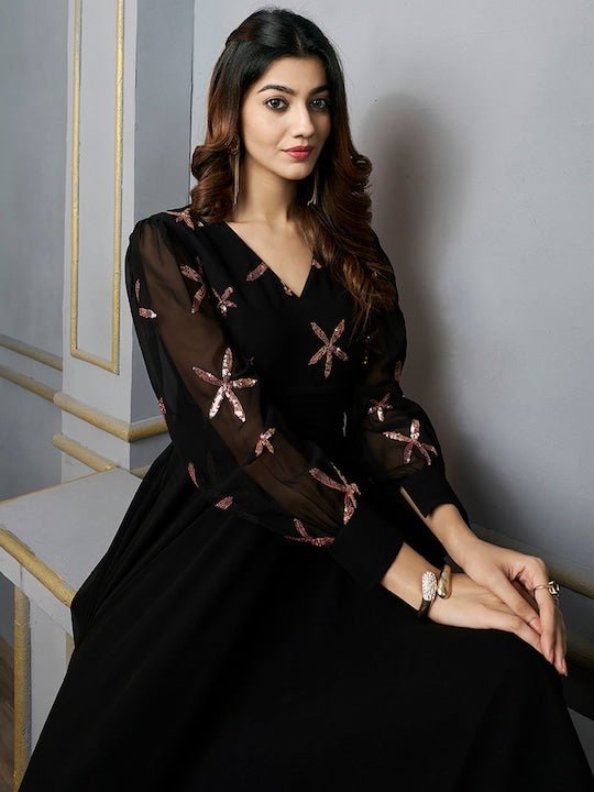 Floral Embroidered Sequinned Georgette Fit & Flare Maxi Ethnic Dress - Inddus.com