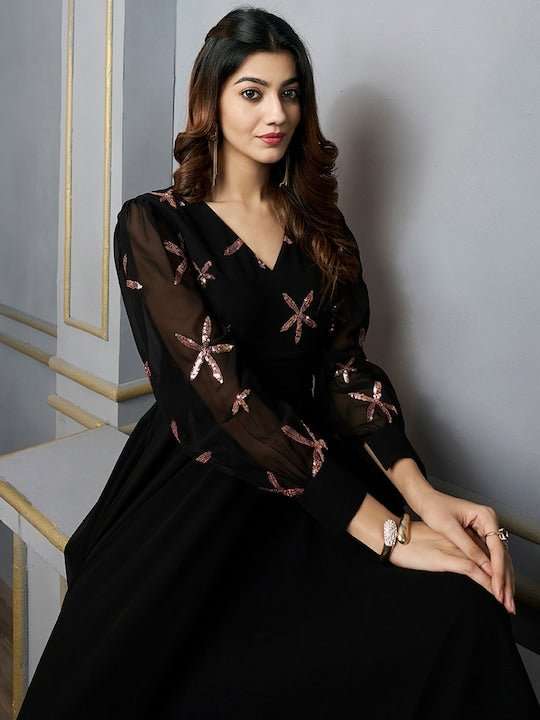 Floral Embroidered Sequinned Georgette Fit & Flare Maxi Ethnic Dress - Inddus.com