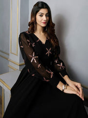 Floral Embroidered Sequinned Georgette Fit & Flare Maxi Ethnic Dress - Inddus.com