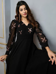 Floral Embroidered Sequinned Georgette Fit & Flare Maxi Ethnic Dress - Inddus.com