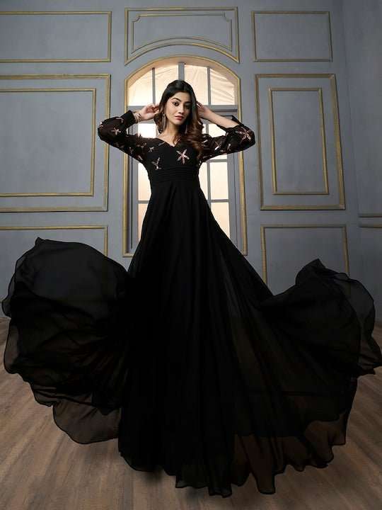 Floral Embroidered Sequinned Georgette Fit & Flare Maxi Ethnic Dress - Inddus.com
