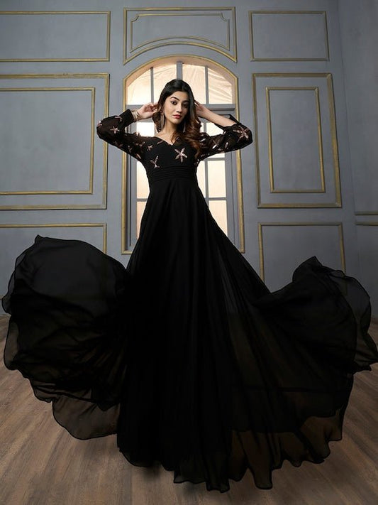 Floral Embroidered Sequinned Georgette Fit & Flare Maxi Ethnic Dress - Inddus.com