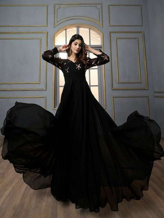 Floral Embroidered Sequinned Georgette Fit & Flare Maxi Ethnic Dress - Inddus.com