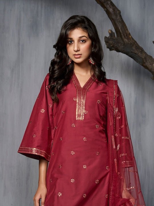 Floral Embroidered Sequinned Pure Silk Kurta with Trousers & Dupatta - Inddus.com