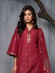 Floral Embroidered Sequinned Pure Silk Kurta with Trousers & Dupatta - Inddus.com