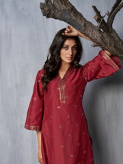 Floral Embroidered Sequinned Pure Silk Kurta with Trousers & Dupatta - Inddus.com
