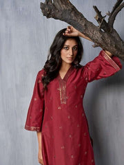 Floral Embroidered Sequinned Pure Silk Kurta with Trousers & Dupatta - Inddus.com