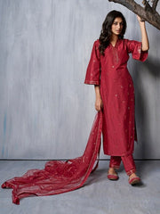 Floral Embroidered Sequinned Pure Silk Kurta with Trousers & Dupatta - Inddus.com