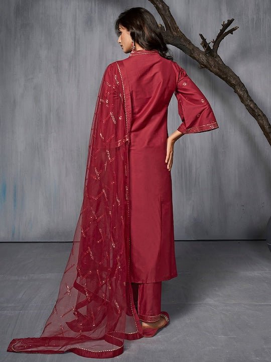 Floral Embroidered Sequinned Pure Silk Kurta with Trousers & Dupatta - Inddus.com