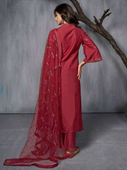Floral Embroidered Sequinned Pure Silk Kurta with Trousers & Dupatta - Inddus.com