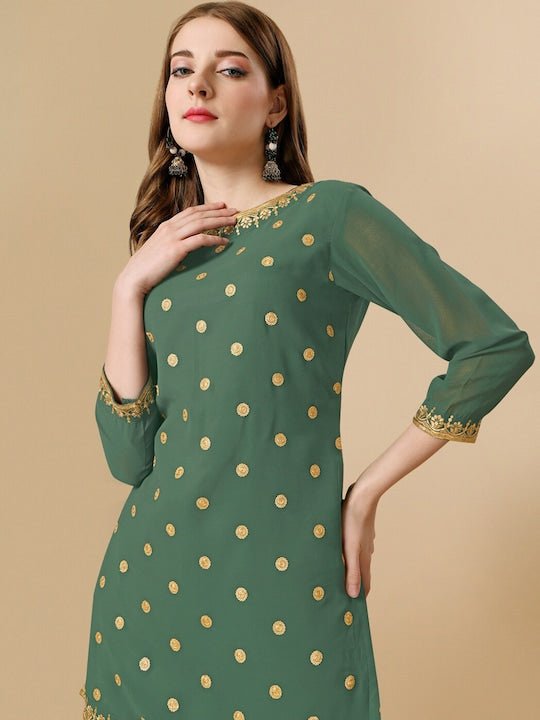 Floral Embroidered Sequinned Regular Kurta with Sharara & Dupatta - Inddus.com