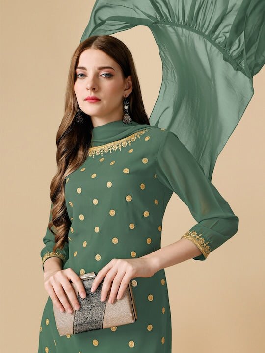 Floral Embroidered Sequinned Regular Kurta with Sharara & Dupatta - Inddus.com