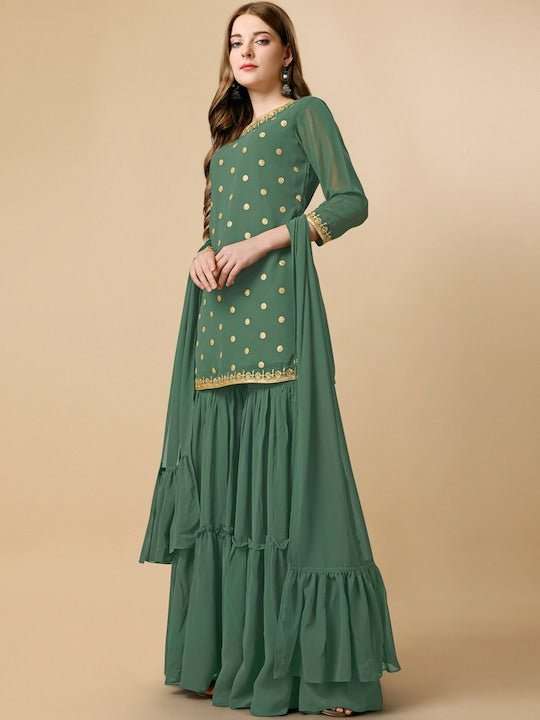 Floral Embroidered Sequinned Regular Kurta with Sharara & Dupatta - Inddus.com