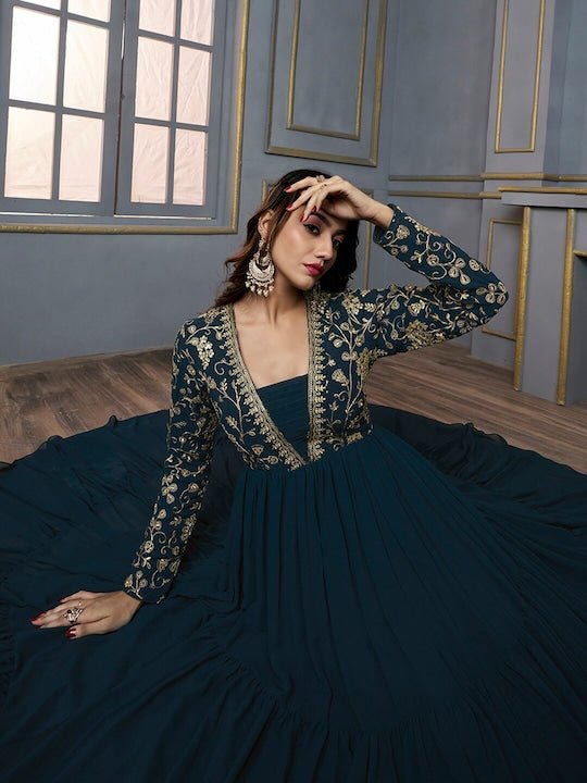 Floral Embroidered Square Neck Fit & Flare Ethnic Maxi Dress - Inddus.com