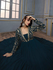 Floral Embroidered Square Neck Fit & Flare Ethnic Maxi Dress - Inddus.com