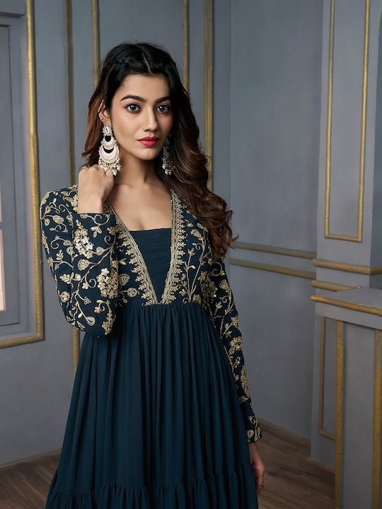 Floral Embroidered Square Neck Fit & Flare Ethnic Maxi Dress - Inddus.com