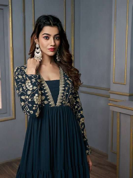 Floral Embroidered Square Neck Fit & Flare Ethnic Maxi Dress - Inddus.com